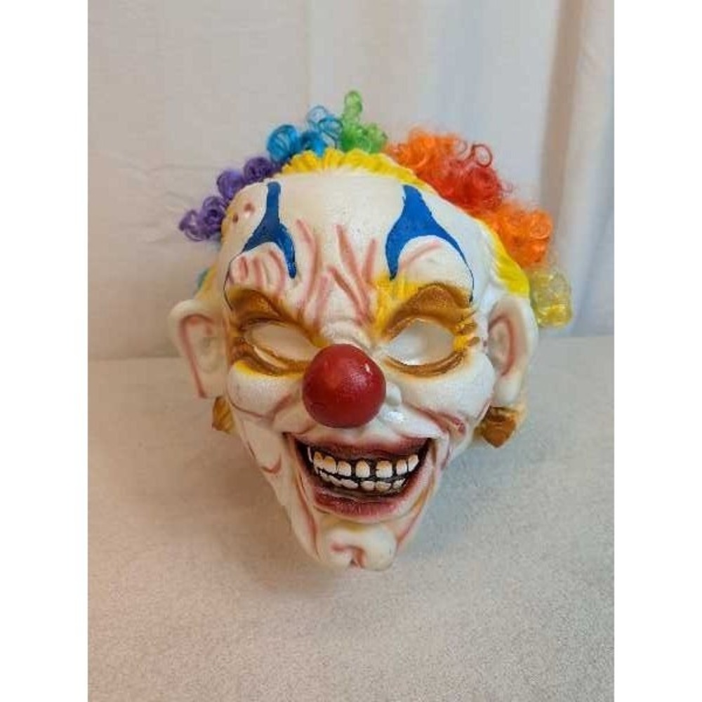 Vintage Creepy Clown Mask with Rainbow Wig Halloween Prop Costume Scary